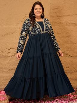 INDDUS - Teal Women Floral Sequins and Zari Embroidered Maxi Dress