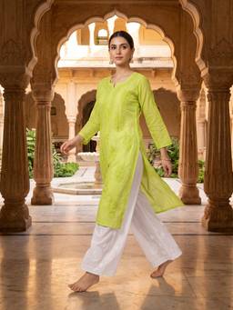 Khaka-The Chikankari Heritage - Women Green Chanderi Silk Chikankari Kurta