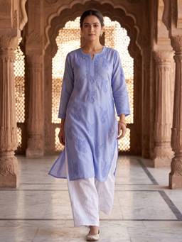 Khaka-The Chikankari Heritage - Women Blue Chanderi Silk Chikankari Kurta