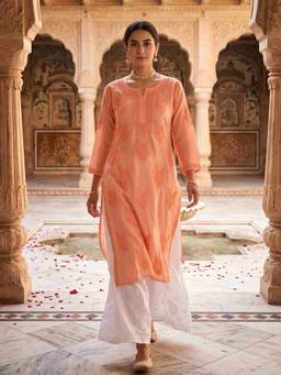 Khaka-The Chikankari Heritage - Women Peach Chanderi Silk Chikankari Kurta