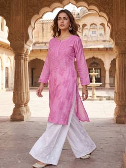 Khaka-The Chikankari Heritage - Women Pink Chanderi Silk Chikankari Kurta