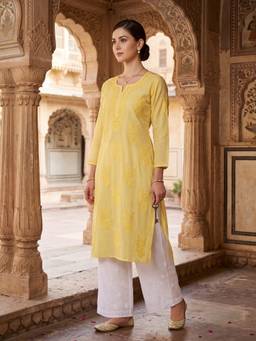 Khaka-The Chikankari Heritage - Women Yellow Chanderi Silk Chikankari Kurta