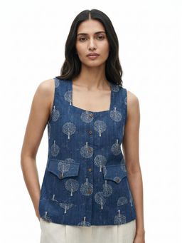 ZNKL - Blue Cotton Printed Pocketed Vest Top