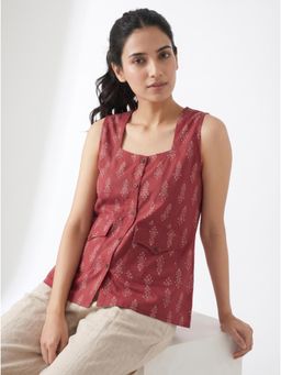 ZNKL - Red Printed Cotton Pocketed Vest Top