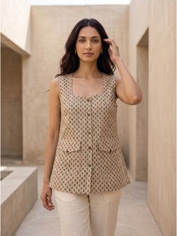 ZNKL - Beige Printed Cotton Pocketed Vest Top