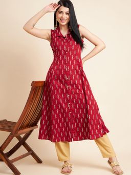 Rama's - Women Floral Printed Sleeveless Cotton A-Line Kurta