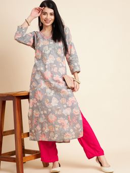 Rama's - Women Floral Printed Cotton Straight Kurta