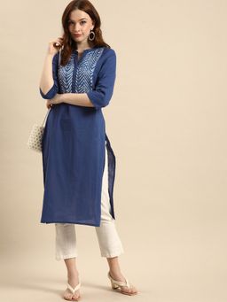 Rama's - Women Blue Printed Yoke Design Pure Cotton Kurta