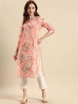 Rama's - Women Peach Coloured Printed Pure Cotton Kurta