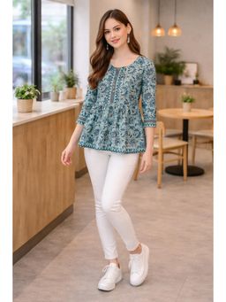 Rajnandini - Women'S Sea Green Pure Cotton Floral Printed Short Tunic