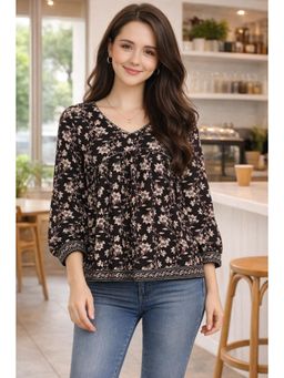 Rajnandini - Women'S Black Pure Cotton Floral Printed Short Tunic