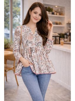 Rajnandini - Women'S White Pure Cotton Floral Printed Short Tunic