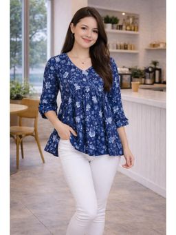 Rajnandini - Women'S Blue Pure Cotton Floral Printed Short Tunic