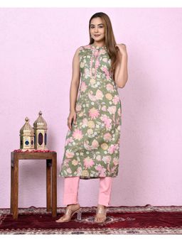 Rama's - Women Green Floral Print Mandarin Neck Kurta