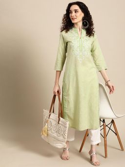 Rama's - Women Green Yoke Design Embroidered Kurta