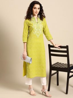 Rama's - Women Lime Green Yoke Design Embroidered Kurta