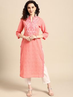 Rama's - Women Peach Yoke Design Embroidered Kurta