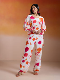 Gajra Gang - Off White Crepe Floral Printed & Embellished Co-ord Set Shaadi Squad