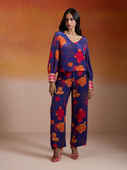 Gajra Gang - Navy Crepe Floral Printed & Embellished Co-ord Set Shaadi Squad