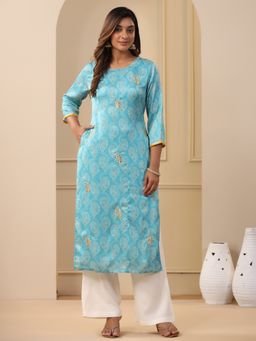 Jaipur Kurti - Embroidered Art Silk Blue Printed Straight Kurta