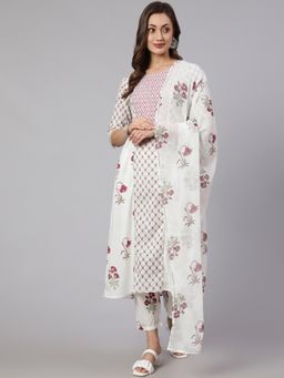 Jaipur Kurti - White & Magenta Ethnic Printed Flared Kurta with Pants & Dupatta (Set of 3)