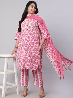 Jaipur Kurti - Plus Size Pink Ethnic Floral Embroidered Kurta with Pant & Dupatta (Set of 3)