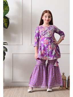 Indi-Loom Couture - Purple Cotton Three Fourth Sleeves Kurta With Sharara