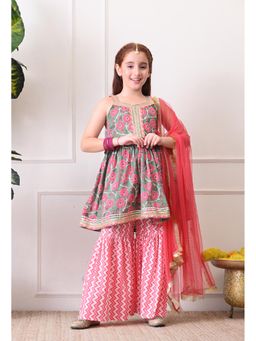 Indi-Loom Couture - Green Cotton Sleeveless Kurta With Sharara & Dupatta