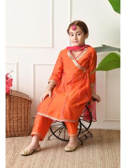 Indi-Loom Couture - Orange Polyester Blend Kurta With Pant & Dupatta