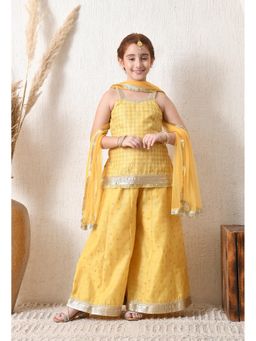 Indi-Loom Couture - Yellow Polyester Blend Sleeveless Kurta With Palazzo & Dupatta