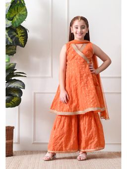 Indi-Loom Couture - Orange Polyester Blend Sleeveless Kurta With Sharara & Dupatta