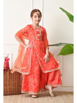 Indi-Loom Couture - Peach Polyester Blend Kurta With Palazzo & Dupatta