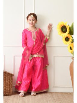 Indi-Loom Couture - Pink Polyester Blend Kurta With Palazzo & Dupatta