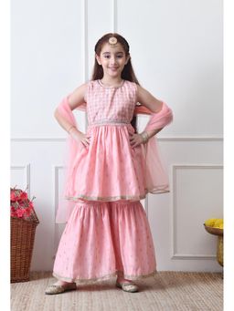 Indi-Loom Couture - Pink Polyester Blend Sleeveless Kurta With Sharara & Dupatta