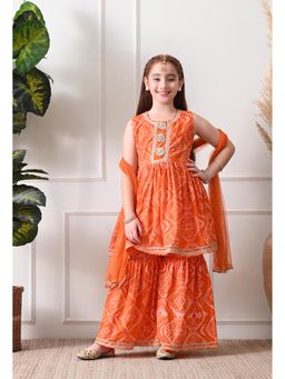 Indi-Loom Couture - Orange Viscose Rayon Sleeveless Kurta With Sharara & Dupatta