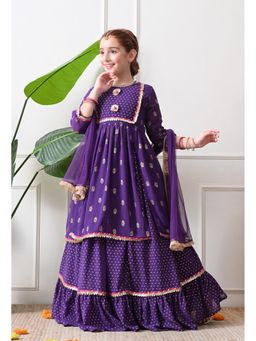 Indi-Loom Couture - Purple Poly Georgette Kurta With Skirt & Dupatta