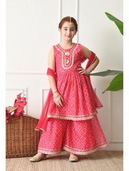 Indi-Loom Couture - Pink Polyester Blend Sleeveless Kurta With Palazzo & Dupatta