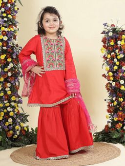 Little Bansi - Red Cotton Blend Kurta With Sharara & Dupatta