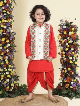 Little Bansi - Red Silk Full Sleeves Kurta With Dhoti With Nehru Jacket