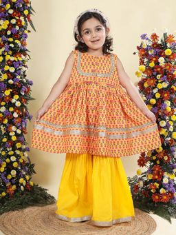 Little Bansi - Yellow Cotton Blend Sleeveless Kurta With Sharara