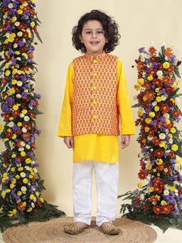 Little Bansi - Yellow Cotton Blend Full Sleeves Kurta With Pyjama & Nehru Jacket