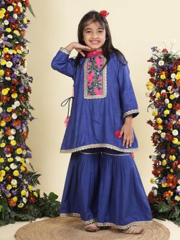 Little Bansi - Blue Cotton Blend Three Fourth Sleeves Kurta With Sharara & Dupatta