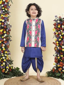 Little Bansi - Blue Silk Full Sleeves Kurta With Dhoti & Nehru Jacket