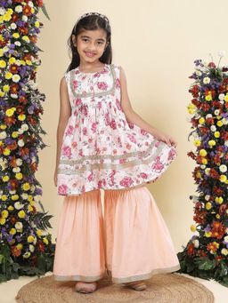 Little Bansi - Peach Cotton Blend Sleeveless Kurta With Sharara