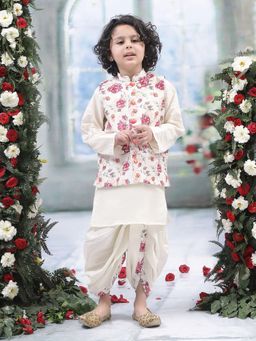 Little Bansi - Cream Cotton Full Sleeves Kurta With Dhoti & Nehru Jacket