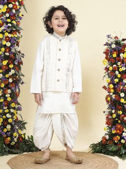 Little Bansi - Cream Cotton Blend Full Sleeves Kurta With Dhoti & Nehru Jacket