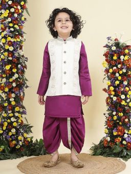 Little Bansi - Purple Cotton Blend Full Sleeves Kurta With Dhoti & Nehru Jacket