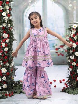 Little Bansi - Pink Muslin Sleeveless Kurta With Sharara