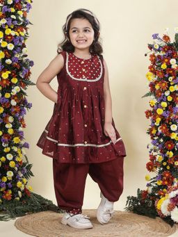 Little Bansi - Maroon Cotton Silk Sleeveless Kurta With Salwar