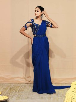 Kanika Verma - Blue Indus Pre Draped Saree with Stitched Blouse and Belt